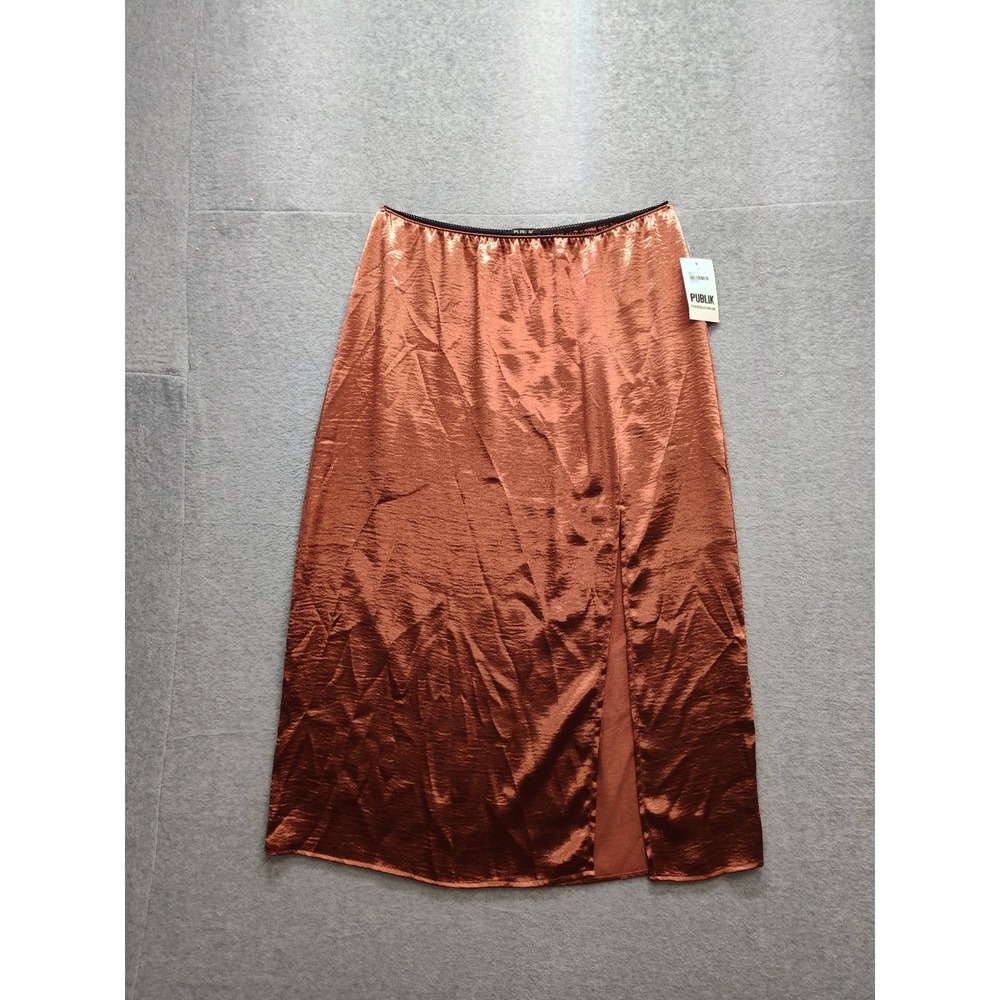 Publik Women Midi Skirts 1X Brown Pull On Elastic Waist Front Slit Logo Casual